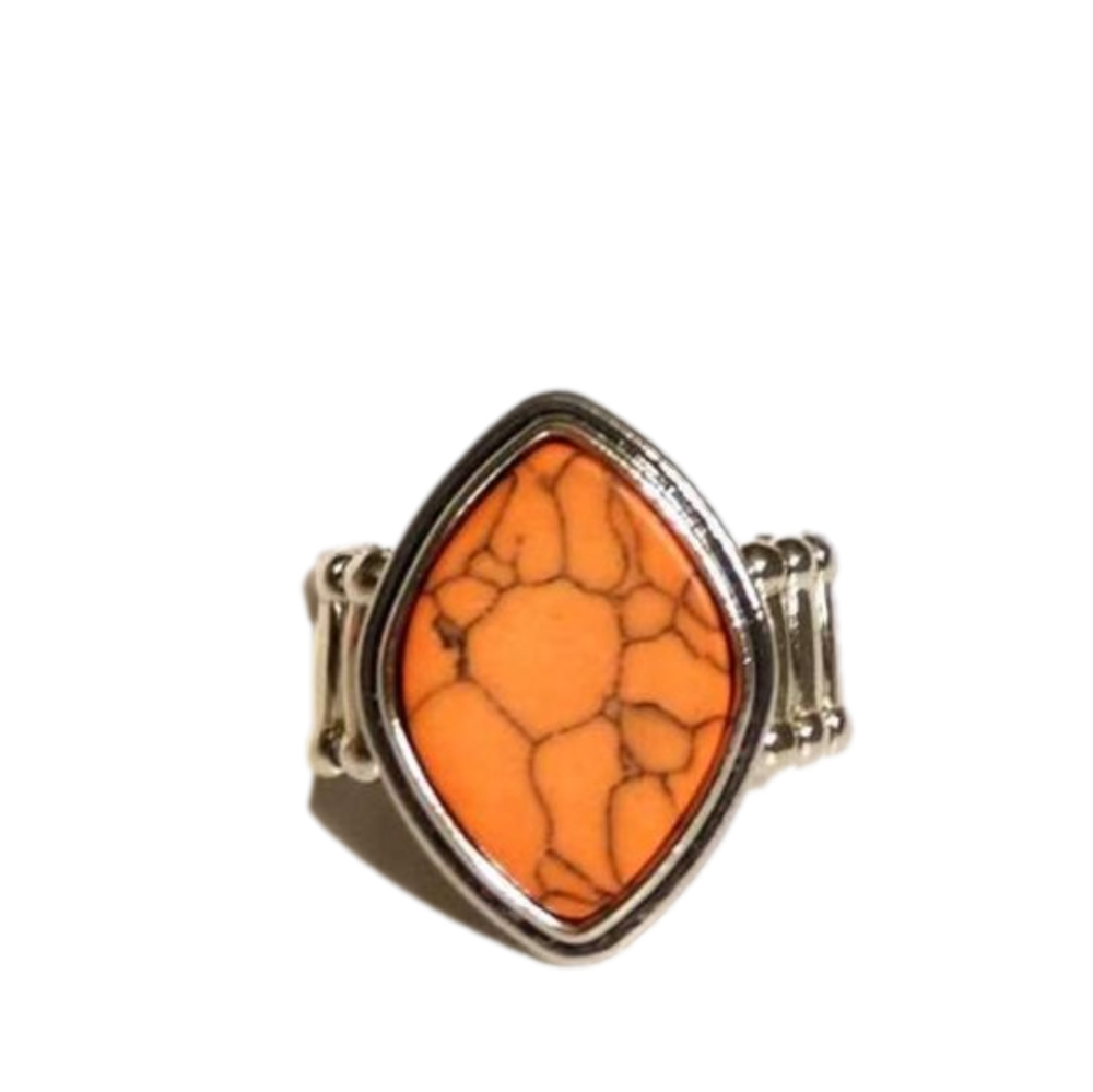 Bold Orange Crackle Stone Marquise Ring in Silver Setting